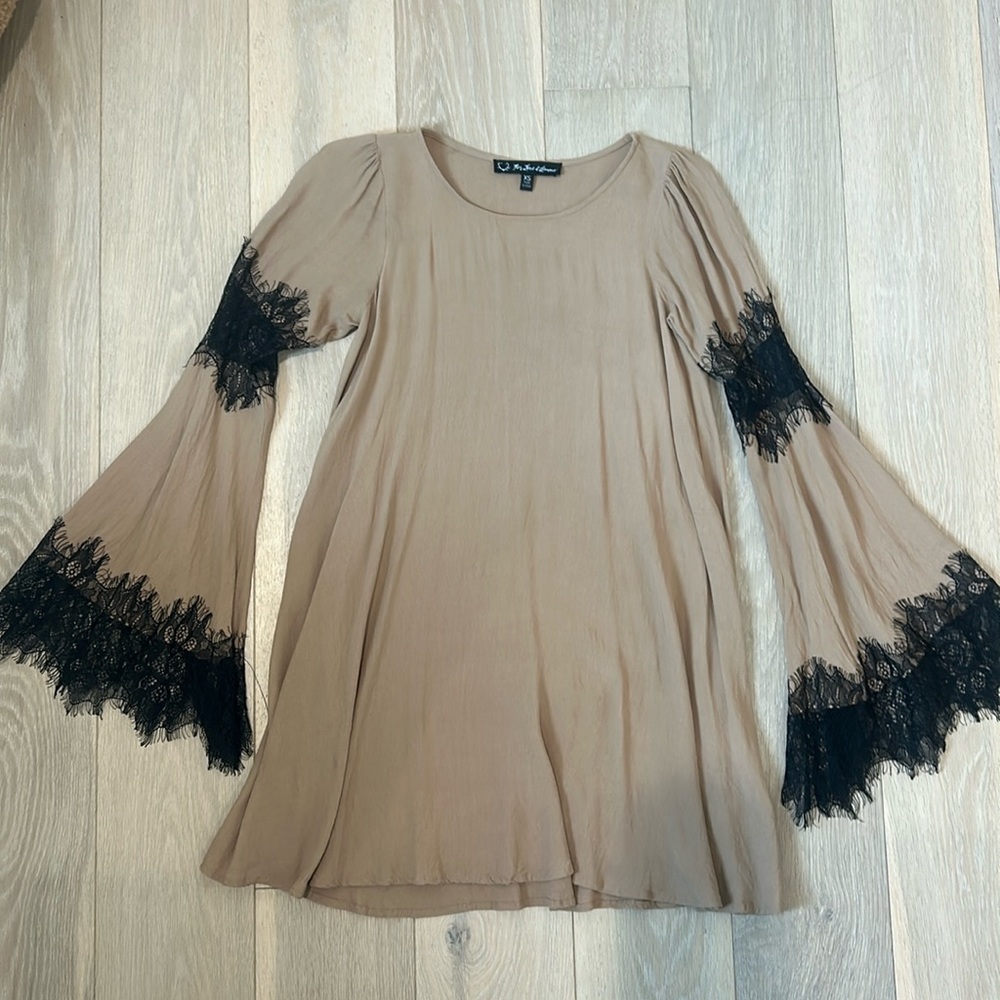 For Love and Lemons XS Festival Dress Camel Black Lace Bell Sleeve